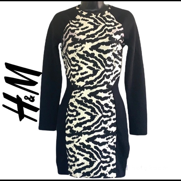 H&M black/white long sleeve zebra print body cone mini dress size 2 - Picture 1 of 12